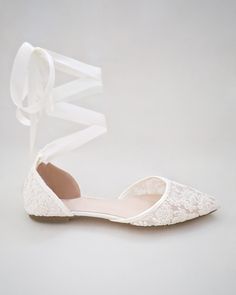 Crochet lace pointy toe flats for comfortable wear throughout your special day and perfect for wedding party. We've added satin or sheer organza lace up ribbon to make this a ballerina shoe. DETAILS: UPPER: Synthetic upper and lining MATERIALS: Manmade outsole HEEL HEIGHT: 0.3" ORIGIN: Imported Women Wedding Shoes, Shoes Bridesmaid, Wedding Shoes Bridesmaid, Shoes Bride, Organza Lace, Women's Slip Ons, Bridal Flats, Wedding Shoes Lace, Lace Shoes