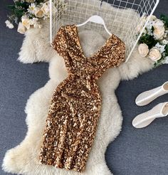 Gold V-neck Midi Dress For Party Season, Fitted Gold Midi Dress For Prom, Gold V-neck Midi Dress For Party, Glamorous Gold Midi Dress For Party, Gold Sequin Mini Dress For Evening, Glamorous Gold Midi Dress For Cocktail, Gold Midi Dress For Evening Party Season, Gold Midi Dress For Evening Parties, Gold Midi Dress For Party Season