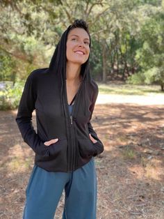 caraucci women's black bamboo fleece zipper hoodie jacket with 2 front pockets #color_black Loose Tops, Draped Fabric, Cotton Fleece, Zipper Hoodie, Dresses With Leggings, Hoodie Jacket, Black Hoodie, Vest Jacket, Product Features