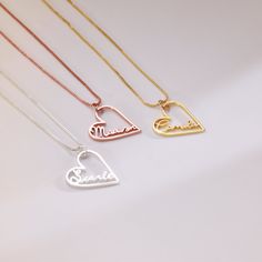 Customized Heart Necklace Show your love and affection with a personalized touch. This heart-shaped necklace can be customized with initials, names, or special dates. DETAIL * Material: 925 Sterling Silver / Copper * Color: Silver, 18k gold plated, 18k rose gold plated * Hear Charm: 17 x 20 mm * Chain Style: Box chain  * Personalisation: dainty font, up to 8 letters PRODUCTION TIME * All our products are made to order so please allow us to take 6-14 business days to finish your jewelry before shipping out. SHIPPING TIME * UK orders: 3 - 5 business days with standard shipping. It subjects to be longer in holiday season. * Other countries: please check delivery date at check-out, or contact us if you need by a sooner date. MATERIAL * You can choose from Titanium Steel and .925 Sterling Silve Heart Shaped Necklace, Style Box, Personalized Pendant, Gold Heart Necklace, Custom Name Necklace, Copper Color, Gold Heart, Box Chain, Necklace Gift