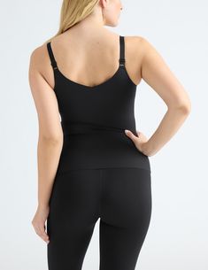 Going braless has never felt better than in our super-versatile, one-of-a-kind tank. Featuring the wireless, built-in support and luxurious feel of our LuxeLift Technology, in a seamless, figure-flattering fit. Find your new favorite wardrobe essential with support for cup sizes A to G. Now with NEW upgraded adjustable straps for a more customized fit! | Knix LuxeLift V-Neck Tank Top in Black Wireless Bras, Cup Sizes, V Neck Tank Top, Sports Bras, Wardrobe Essentials, Adjustable Straps, Period, Built In, Felt