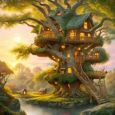 a painting of a tree house with stairs leading up to it