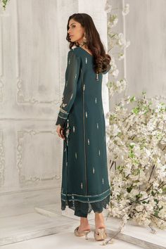 Julia | Pakistani Designer Outfit | Sarosh Salman Timeless Glamour, Designer Outfit, Pearl Embroidery, Crystals Beads, Over Shirt, Pakistani Designers, Shirt And Pants, Straight Pants, Raw Silk