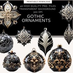 black and gold ornaments are featured in this advert for the christmas ornament