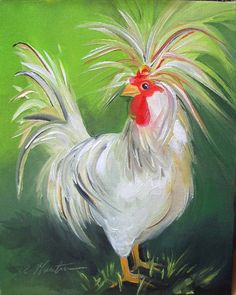 a painting of a rooster on a green background