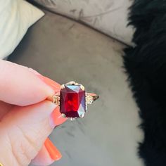 This A 10k Solid Gold Vintage Garnet Ring For Lovers Of Deep Red And Emerald Cut. Garnet Jewelry Set, Vintage Garnet Ring, Maroon Aesthetic, Garnet Ring Vintage, Ruby Ring Vintage, Garnet Jewelry, Garnet Ring, Garnet Rings, Ruby Ring