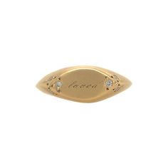 This 14k gold hand-carved ring has an engravable surface accented with 6 grain-set diamonds.  This ring can be ordered plain (with no engraving) or engraved - with one initial or up to 5 characters. In-stock ring: Accent stones: 6 white round diamondsMetal: 14k yellow goldBand type: knife-edgeSize: 6 3/4 - can be resiz Luxury Rose Gold Signet Ring With Vs Clarity, Luxury Rose Gold Hallmarked Signet Ring, Luxury Engagement Signet Ring With Open Design, Luxury Vintage Open Signet Ring, Luxury Vintage Signet Ring With Engraving Option, Luxury Vintage Signet Ring With Polished Finish, Modern Signet Ring, Cygnet Ring, Signet Ring With Stone