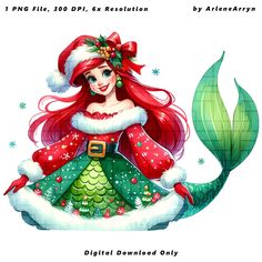 a digital painting of a mermaid wearing a santa hat and holding a green christmas tree