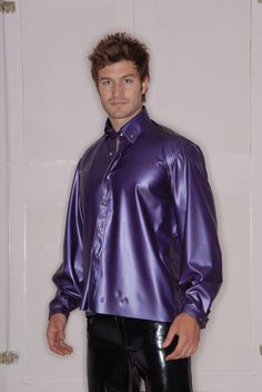 Mans Latex shirt with long sleeves. Shirt is loose fitting with press down fastening. Shirt is made in 0.33 British sourced latex sheeting . It is stitched and glued. Please refer to size chart for sizing. Available in most colours. Shiny Fitted Long Sleeve Tops, Satin Clothes, Satin Blouses, Long Sleeved Shirt, Satin Shirt, Satin Blouse, Mens Costumes, Silk Shirt, Long Sleeve Shirts