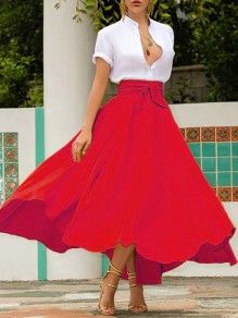 Rot Mit Bindegürtel Unregelmäßig Ausgefallene A-Linie Midirock Faltenrock Damen Mode Bow Skirt, Chique Outfits, Tie Skirt, Elegant Maxi Dress, Pleated Maxi Skirt, Red Skirt, Long Skirts For Women, Party Skirt