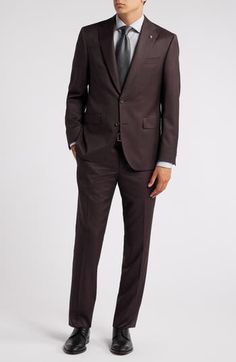 Italian wool styled in a deep, rich burgundy smartens a suit crafted for year-round versatility with traditional notched lapels and tapered flat-front trousers. Top= 28 1/2"; bottom= 36 1/2" inseam; 14 1/2" leg opening; 10" front rise; 16" back rise (size 42) Jacket has notched lapels; chest pocket; flap pockets; side vents Trousers have zip fly with hook-and-bar closure; slant pockets; back button-welt pockets Jacket is lined Unhemmed 100% wool Dry clean Imported Brown Suits With Concealed Placket For Workwear, Brown Workwear Suits With Concealed Placket, Brown Suits With Concealed Placket, Brown Notch Lapel Suit For Business, Brown Slim Fit Suit For Office, Elegant Burgundy Suits For Formal Occasions, Brown Double Breasted Business Suit With Welt Pockets, Brown Double Breasted Suit With Welt Pockets For Business, Brown Double Breasted Suit For Formal Occasions