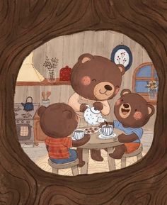 three teddy bears are sitting at a table