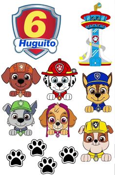 the paw patrol characters are all in different colors and sizes, with their name on them