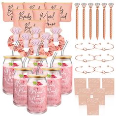 a set of pink mason jars filled with lots of pretty things to make it look like they're married