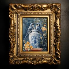 two birds sitting on top of a blue and white vase with yellow flowers in it