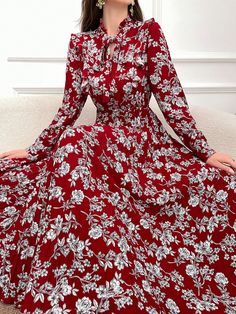 Elegant Floral Allover Print Long Sleeve Midi Dress With Cinched Waist For Spring/Summer For New Year Clothes Maxi Women Outfit Red Boho  Long Sleeve Fabric Floral,Plants,All Over Print A Line Non-Stretch Spring/Fall Women Clothing, size features are:Bust: ,Length: ,Sleeve Length: Women Maxi Dresses, Beautiful Frocks, Red Boho, Fabric Floral, Women Maxi, Sleeve Midi Dress, Long Sleeve Midi, Elegant Floral, Long Sleeve Midi Dress