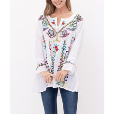 Raj Belle Embroidered Tunic  Paired with well-worn denim or tailored shorts, this embroidered tunic brings easy, breezy style to every look.         Wide neck with deep v     Long sleeves     Relaxed fit     Embroidered details     52% Cotton 48% Viscose     Machine wash, tumble dry     Imported Summer V-neck Blouse With Floral Embroidery, Casual V-neck Embroidered Top With Multicolor Embroidery, Spring V-neck Blouse With Chikankari Embroidery, V-neck Tunic With Chikankari Embroidery For Spring, V-neck Blouse With Multicolor Embroidery For Vacation, Casual V-neck Blouse With Geometric Embroidery, Summer V-neck Tunic With Chikankari Embroidery, Spring Bohemian Top With Embroidered Hem, Floral Embroidered V-neck Blouse For Vacation