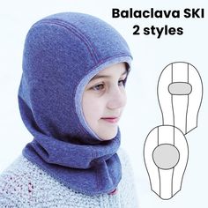 a woman wearing a blue hood and scarf with the text baldacva ski 2 styles