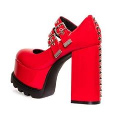 New Red Spiked High Heels Size 7 Red Evening Heels For Fall, Bold Red Closed Toe Heels, Bold Red Round Toe Heels, Bold Red Heels With Red Sole, Trendy Red Heels For Formal Occasions, Bold Red Heels For Fall, Bold Red Heels For Spring, Bold Red Heels For Evening, Bold Red Evening Heels