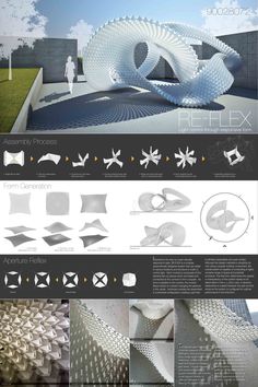 an architectural presentation board for a building with many different shapes and sizes, all in white