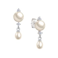 Undeniably elegant… This shimmering sterling silver necklace and earring set features an array of luminous white cultured pearls presented in an elegant drop design.  For the perfect finishing touch, the necklace and earrings are aglow with dazzling simulated diamonds that sparkle with every movement.  Arrives in our Signature Presentation Pouch, perfect for gift giving or safekeeping. Pear-shaped Pearl Drop Bridal Earrings In White Gold, Classic White Pear-shaped Jewelry, Classic Pear-shaped White Jewelry, Formal Dangle Pearl Chain Jewelry, Elegant Pearl White Earrings With Pearl Chain, Elegant Pearl White Pearl Chain Earrings, Elegant Pearl Bridal Earrings With Pearl Chain, Elegant Pearl Chain Bridal Earrings, Elegant Pearl White Earrings With Pearl Drop