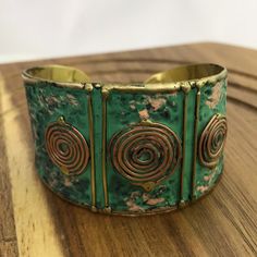 Beautiful Artisan Patina Finish Cuff Bracelet Adjustable Handmade Anju Adjustable Artistic Cuff Bracelet, Green Bangle Jewelry For Festivals, Green Bangle Jewelry For Festival, Vintage Green Adjustable Cuff Bracelet, Adjustable Green Cuff Bracelet With Patina, Artistic Metal Cuff Bracelet Bangle, Artistic Metal Cuff Bracelet, Adjustable Artisan Metal Bangle, Green Brass Bracelet As Gift