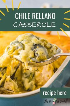 a casserole dish with broccoli and cheese in it is being lifted by a fork