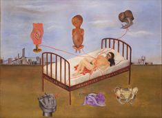 a painting of a baby in a crib surrounded by toys