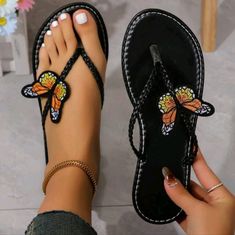 Womens Butterfly Flip Flop Sandals Trendy Black Toe Post Flip Flops, Black Flat Heel Sandals For Beach Season, Black Round Toe Flip Flops, Black Toe Post Flip Flops For Beach Season, Black Round Toe Flip Flops For Beach Season, Black Flip Flops For Summer Vacation, Black Flip Flops For Beach, Black Open Toe Flip Flops For Beach, Black Open Toe Flip Flops For Beach Season