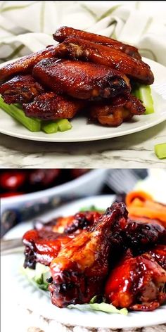 there are two different pictures of food on the plate and in the middle one is chicken wings