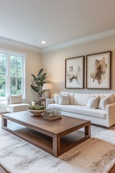 a living room with two couches and a coffee table in front of large windows