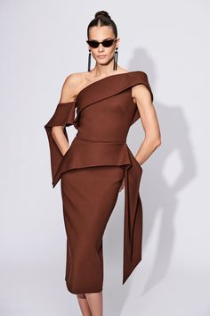 Asymmetric Peplum Drape Dress Pre-Order 4-6 Weeks Final Sale Made in NYC For inquiries regarding customization email: info@christiansiriano.com Pre Fall 2023, Drape Dress, Pre Fall Collection, Column Dress, Christian Siriano, Draped Dress, Runway Collection, Fashion Show Collection, Fall Looks