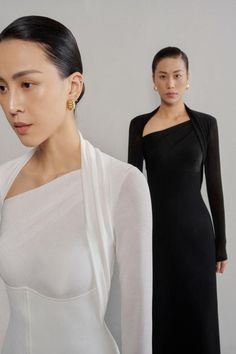 Diamond A-line Asymmetric Neck Crinkle Crepe Midi Dress | MEAN BLVD Crinkle Fabric Dresses, Asymmetrical Neckline Dress, Elegant Wardrobe, Plain Wedding Dress, Modest Neckline, Resort 2024, Crepe Midi Dress, Elegant Outfit Classy, Mean Blvd