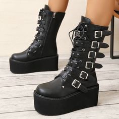 Women's Punk Black Knee High Boots - In Control Clothing Black Gothic Lace-up Boots With Round Toe, Black High Ankle Lace-up Boots Alternative Style, Gothic Lace-up Platform Boots For Cosplay, Punk Style Lace-up Platform Mid-calf Boots, Fall Black Lace-up Boots With Rivets, Punk Knee-high Platform Boots For Fall, Fall Punk Knee-high Platform Boots, Gothic Lace-up Knee-high Boots For Fall, Black Platform Boots With Round Toe For Alternative Fashion