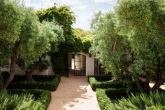 an entrance to a house surrounded by trees and bushes with a path leading into it