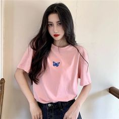 8 Colors Butterfly Embroidered Shirt – Tomscloth Trendy Embroidered Short Sleeve Tops, Spring Crew Neck Tops With Butterfly Embroidery, Summer Crew Neck Tops With Butterfly Embroidery, Embroidered Solid Color Short Sleeve Tops, Embroidered Short Sleeve Tops, Embroidered Short Sleeve Solid Tops, Casual Embroidered Pink Top, Casual Pink Embroidered Tops, Pink Embroidered T-shirt