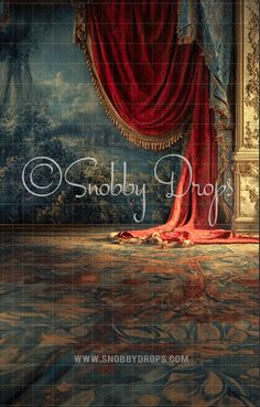 an image of a red curtain in front of a blue and gold wall with the words, sandyly drapes on it