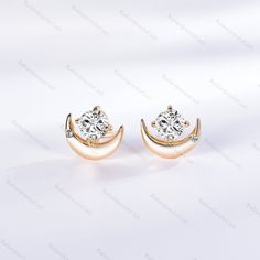 Vintage Round Cut Moissanite Stud Earrings Yellow Gold Cluster Crescent Moon Dainty Earrings Women Unique Promise Anniversary Gift for Her Radiant Jewelry takes pride in offering handcrafted engagement rings that undergo rigorous quadruple-checks to ensure the highest quality. PRODUCT INFORMATION >Metal: SOLID 10K / 14K / 18K GOLD /S925 (can be made in white/rose/yellow gold) >Main Stone *Center Stone: Cubic Zircon / Moissanite *Size & Shape: 4.5mm Round Cut >Side Stones: *Center Stone: Cubic Zi Celestial Earrings With Diamond Accents For Anniversary, White Crescent Diamond Jewelry, Elegant White Crescent Earrings, Crescent Shaped Earrings For Anniversary, Crescent Earrings For Anniversary, White Celestial Round Earrings, Celestial White Round Earrings, Elegant Crescent Diamond Earrings, Elegant Moon Shaped Cubic Zirconia Earrings