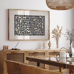 a dining room table with chairs and a framed art piece