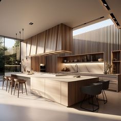 a modern kitchen with wooden cabinets and counter tops