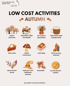 an autumn poster with the words low cost activities and pictures to help kids learn how to make