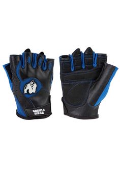 a pair of black and blue gloves on top of each other, one with a gorilla face