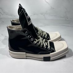 Converse X Rick Owens Drkshdw Turbodrk Black White Patent High Top Sneakers Nwt Msrp $225 Mens Size: 8, Womens Size: 10 Brand New Never Worn With Shoe Box And 2 Sets Of Laces Accepting Offers Black High-top Lace-up Sneakers With Rubber Sole, Modern Black High-top Sneakers With Contrast Sole, Black Lace-up High-top Sneakers With Rubber Sole, Converse Modern High-top Sneakers With Rubber Sole, Converse Streetwear Platform Sneakers With Rubber Toe Cap, Converse Custom Sneakers With Contrast Sole For Streetwear, Converse Platform Sneakers With Rubber Toe Cap For Streetwear, Modern Converse High-top Sneakers With Rubber Sole, Sporty Black Custom Sneakers With Rubber Toe Cap