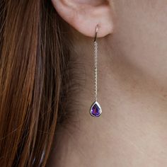 Pear-Shaped Amethyst Threader Earrings in Sterling Silver | Shane Co. Thread Earrings, Threader Earrings, Purple Amethyst, Pear Shaped, Pear, Dangle Earrings, Amethyst, Gems, Drop Earrings