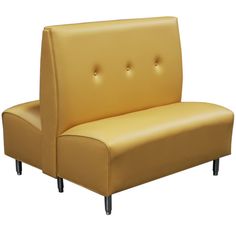 a yellow leather couch sitting on top of a metal legrests with studded buttons