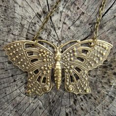 Large ornate oxidized brass Victorian butterfly measuring about 57x32mm. On 16 inches of antiqued brass chain. Gold Metal Butterfly Necklace, Antique Gold Copper Necklace, Nickel Free Gold Butterfly Necklace, Gold Nickel-free Butterfly Necklace, Ornate Gold Necklace With Oxidized Finish, Victorian Style Oxidized Gold Jewelry, Vintage Handmade Butterfly Necklace, Bohemian Butterfly Necklaces For Festivals, Bohemian Butterfly Necklace For Festivals