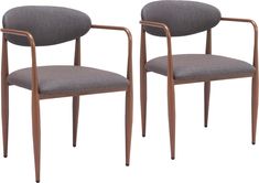 pair of mid century modern chairs in grey upholstered fabric and walnut wood frames