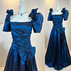 1980's party dress  / 1980s prom dress  / 1980s dress / 80s party dress / 80s gown / vintage cupcake gown / puff sleeve dress   This beauty is classic a 1980's gown. She is a  delicious shade of blue with a gathered tight bodice, a full floor length skirt, and a hip bow with trailing ribbons of fabric. She is elegant and classy and has a timeless vibe to her. I love her puffed sleeves that are capped in shoulder ruffles!  Her fabric feels like a taffeta, surprisingly she doesn't have any tags to 1980s Prom Dress, 1980s Prom, 80s Party Dress, 1980s Party, Vintage Cupcake, 80s Prom Dress, 80s Prom, Gown Vintage, 80s Party