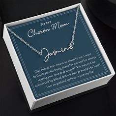 This Chosen Mom Custom Name Necklace is a perfect meaningful gift to give your Stepmom or Bonus Mom. Give her this beautiful necklace to show her how much you appreciate her. This Chosen Mom Gift is ideal for Mother's Day, her birthday, or any special occasion.The message card says it all - "To my Chosen Mom - Our connection means so much to me. I want to thank you for being there for me and for always sharing your love and support. We may not be connected by blood, but we are connected by heart Baptism Necklace, Support Letter, Bonus Mom, Stylish Necklace, Baptism Gifts, Custom Name Necklace, Luxury Boxes, Religious Gifts, Card Reading