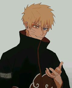 an anime character with blonde hair wearing a black jacket and holding his hand up to the side